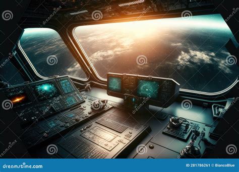 Outer View of Spaceship Window with Control System Room. Stock ...