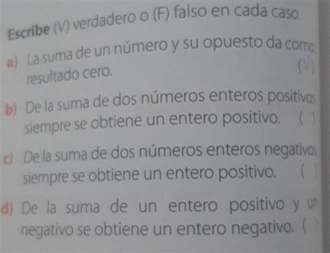 Solved Escribe V Verdadero O F Falso En Cada Caso A La Suma De