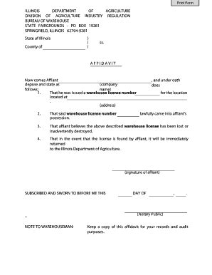 Fillable Online Agr State Il Affidavit Lost Warehouse License