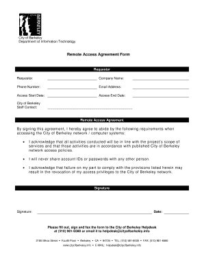 Fillable Online Ci Berkeley Ca Remote Access Agreement Form Fax Email