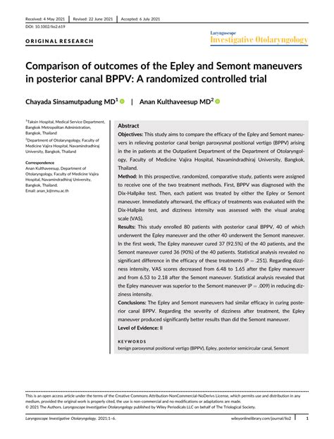 Pdf Comparison Of Outcomes Of The Epley And Semont Maneuvers In