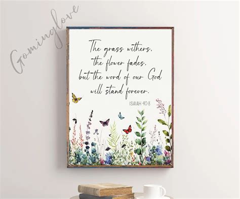 Christian Floral Wall Art The Grass Withers Bible Verse Print Isaiah