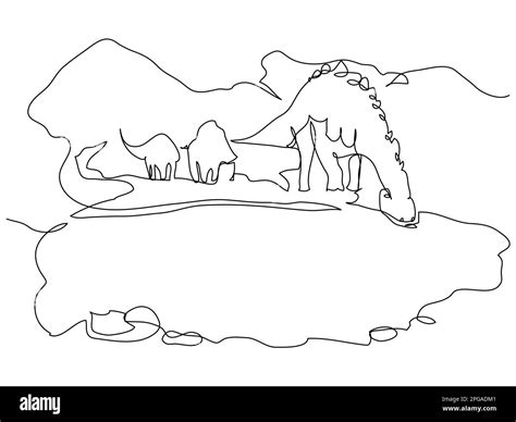 Dinosaurs drink water in one line on a white background Stock Vector