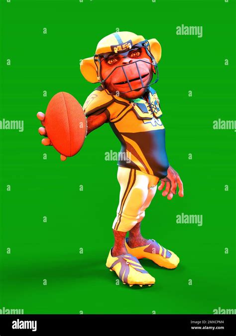 3D-illustration of a cute and funny human cartoon monkey animal as an american football player ...