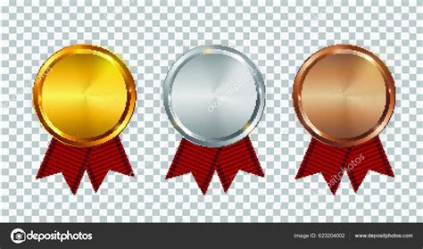 Champion Gold Silver Bronze Medal Template Red Ribbon Icon Sign Stock