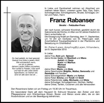 Traueranzeigen Von Franz Rabanser Trauer Bz