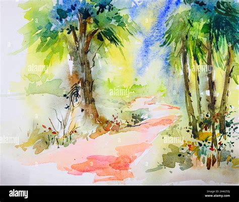 Bright Indian Village Watercolor Painting Hand Painted A Village Home