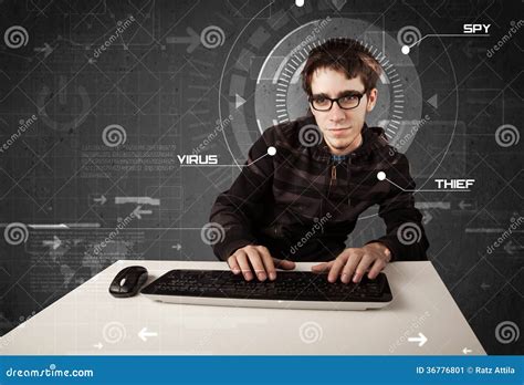 Young Hacker In Futuristic Enviroment Hacking Personal Information