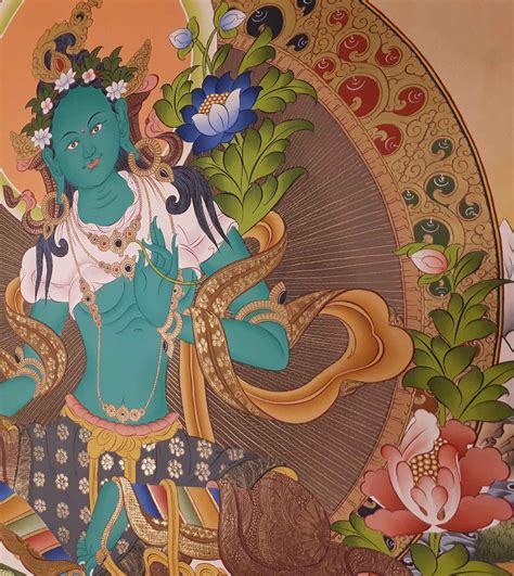 Green Tara Tibetan Hand Painted Buddhist Thangka Real Gold