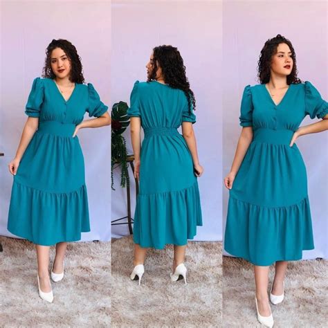 Vestido Midi Liso Evang Lica Verde Menta Azul Bebe Preto Decote V