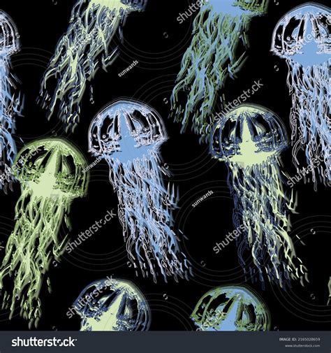 Glowing Jellyfish Seamless Pattern On Black Stock Vector Royalty Free