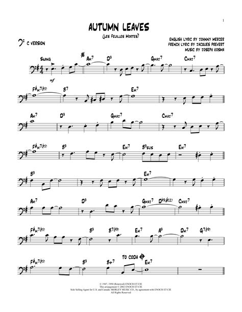 Autumn Leaves By Nat King Cole Sheet Music For Jazz Playalong Bass