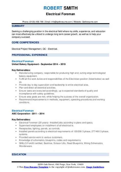 Electrical Foreman Resume Samples | QwikResume