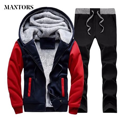 Winter Tracksuits Men Set Thicken Fleece Hoodies Sweatpants Two Piece