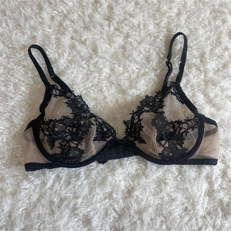 Victoria Secret Black Lace Nude Mesh Bra Size Depop