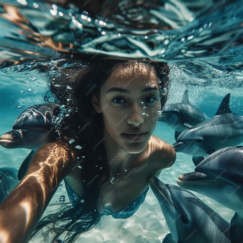 Premium Photo | Woman swimming with dolphins underwater selfie