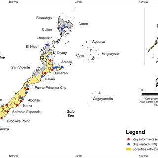 Map of the island of Palawan in the western Philippines, number of key ...