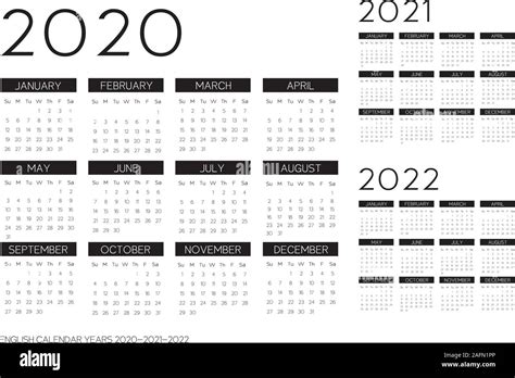 Inglés Black Calendario 2020 2021 2022 Texto vectorial es fuente de