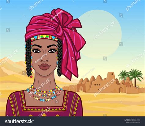 Animation Portrait Beautiful African Woman Turban Stock Vector Royalty