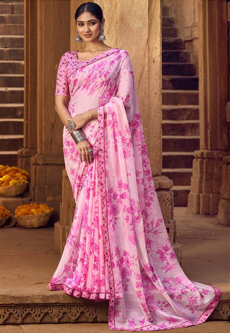 Buy Digital Printed Chiffon Saree In Pink Online Sma Utsav Fashion