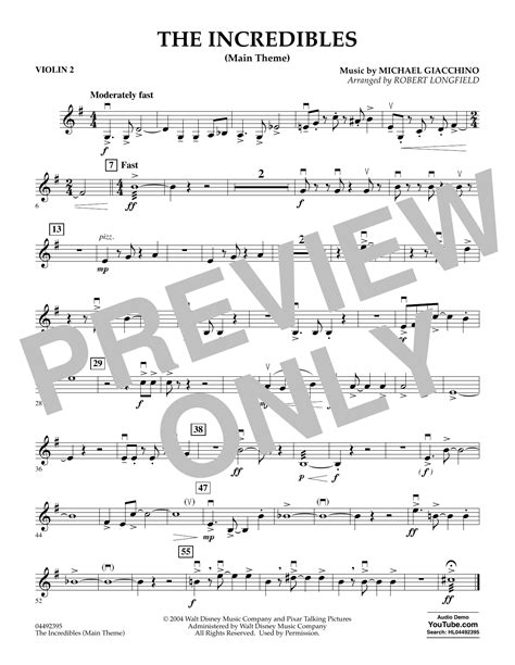 The Incredibles Main Theme Arr Robert Longfield Violin 2 Sheet Music Michael Giacchino