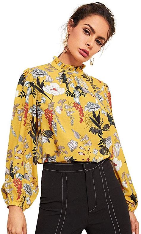 Floerns Women S Floral Print High Neck Puff Long Sleeve Chiffon Blouse