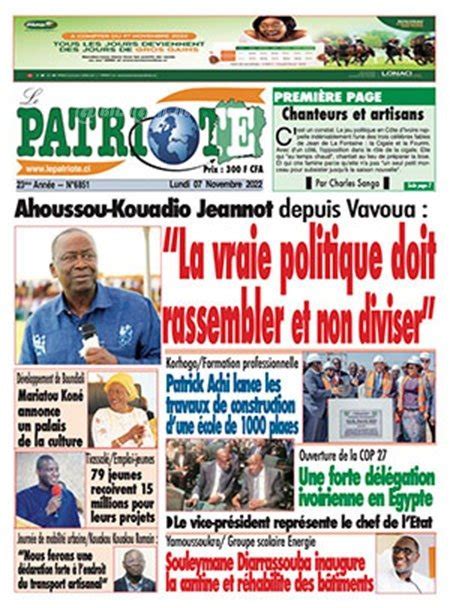 Titrologie De Le Patriote N Du Lundi Novembre Abidjan Net