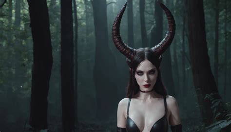 Бледно-белокожая женщина-демон с рогами, одетая в кожаный купальник в ...