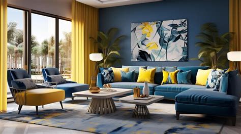 Premium AI Image | Dynamic Blue and Yellow Living Room