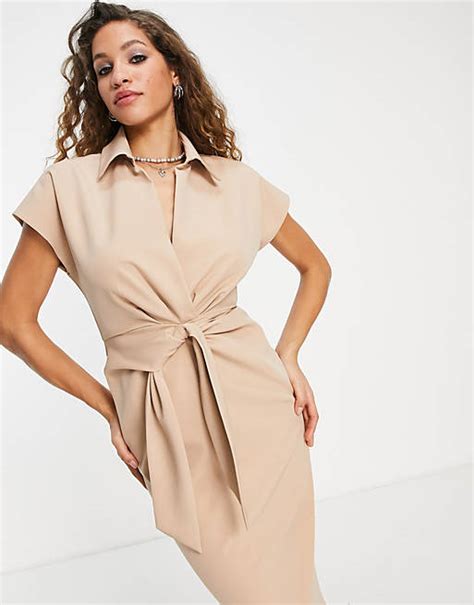 Asos Design Collared Wrap Front Midi Dress With Knot In Stone Asos