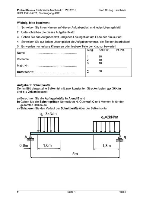 Tm Probeklausur Probe Klausur Technische Mechanik Ws