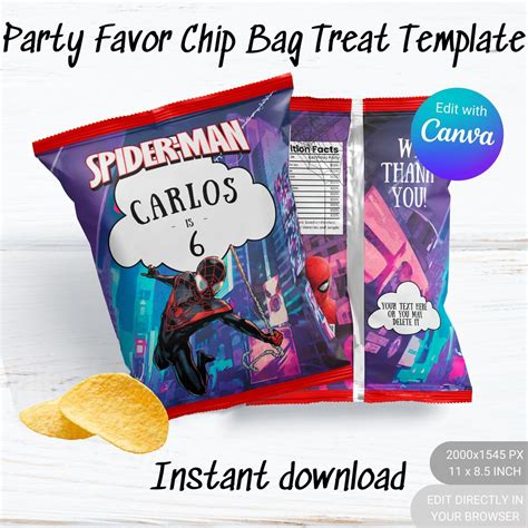 Editable Spider Man Chip Bag Template Marvel DIY Etsy