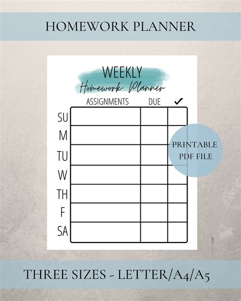 Weekly Homework Planner Printable Homework Tracker School Etsy