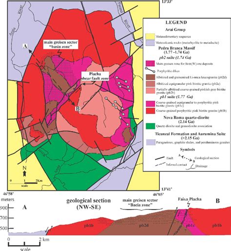 (A) Geological map of the Pedra Branca granite massif with emphasis on ...