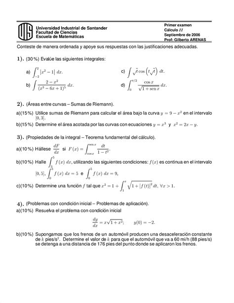 Calculo 2 Parcial Corte 1 Sobre Integrales Universidad Industrial