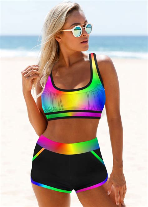 Rainbow High Waist Wide Strap Bikini Set Multicolor Bikini Rainbow