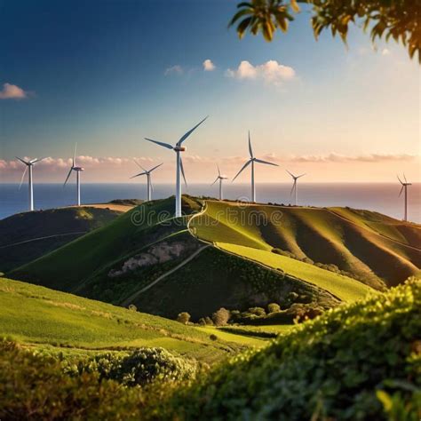 Wind Turbines On Green Hills Scenery Renewable Eco Friendly Wind