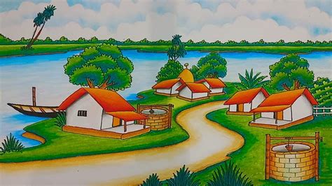 How To Draw Easy Village Scenery Village Scenery Drawing With Oil