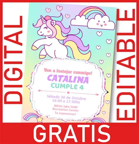 GRATIS Invitación Unicornio Editable y Personalizable WHATSAPP