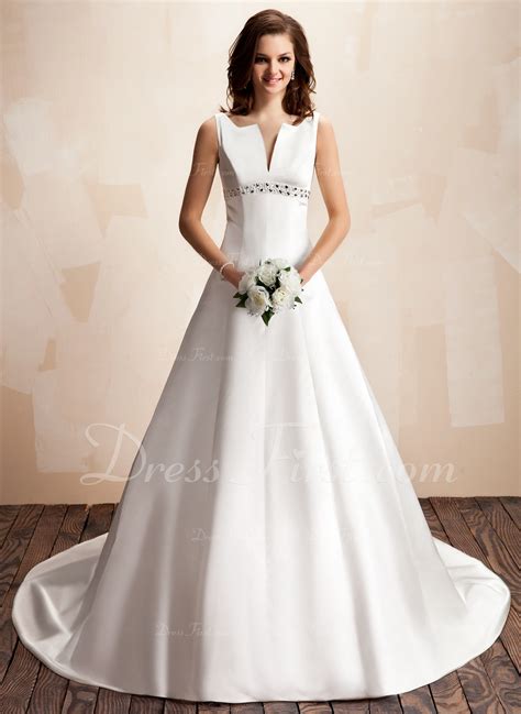 A Line Princess V Neck Chapel Train Satin Wedding Dress With Beading