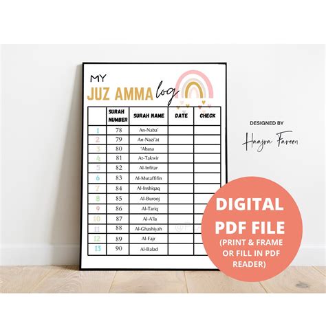 Juz Amma Quran Memorization Log Printable Chart For Muslim Etsy