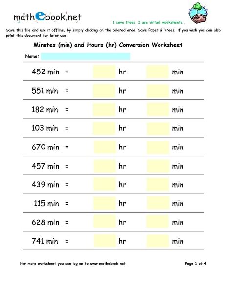 Converting Minute To Hours Worksheet For 3rd 5th Grade Lesson Planet