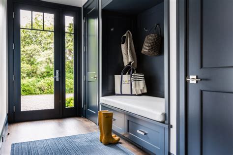 Ocean Blue Paneled Mudroom Nickel Finishes Dual Closets White Vinyl