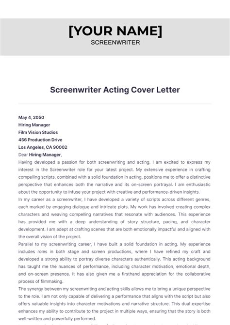 Free Screenwriter Acting Cover Letter Template Edit Online And Download