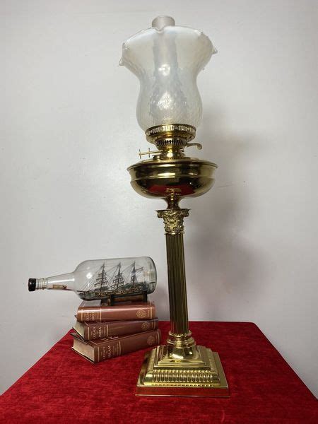 Brass Corinthian Column Table Oil Lamp With White Opaque Glass Funnel