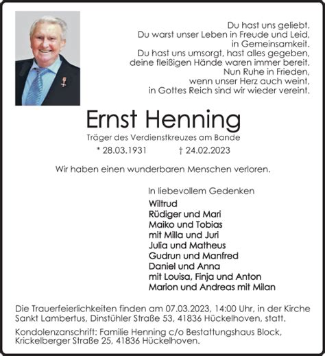 Alle Traueranzeigen F R Ernst Henning Trauer Rp Online De