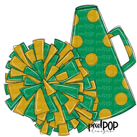 Cheerleading Megaphone And Poms Green And Gold PNG Cheerleading