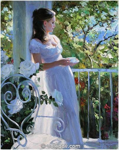 Tea On Balcony Painting Volegov Woman Painting Female Portrait