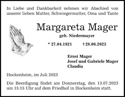 Traueranzeigen Von Margareta Mager Trauerportal Ihrer Tageszeitung