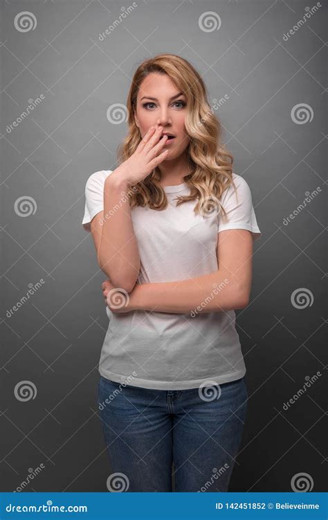 Surprised Blonde On A Gray Background Stock Photo Image Of Enjoy Girl